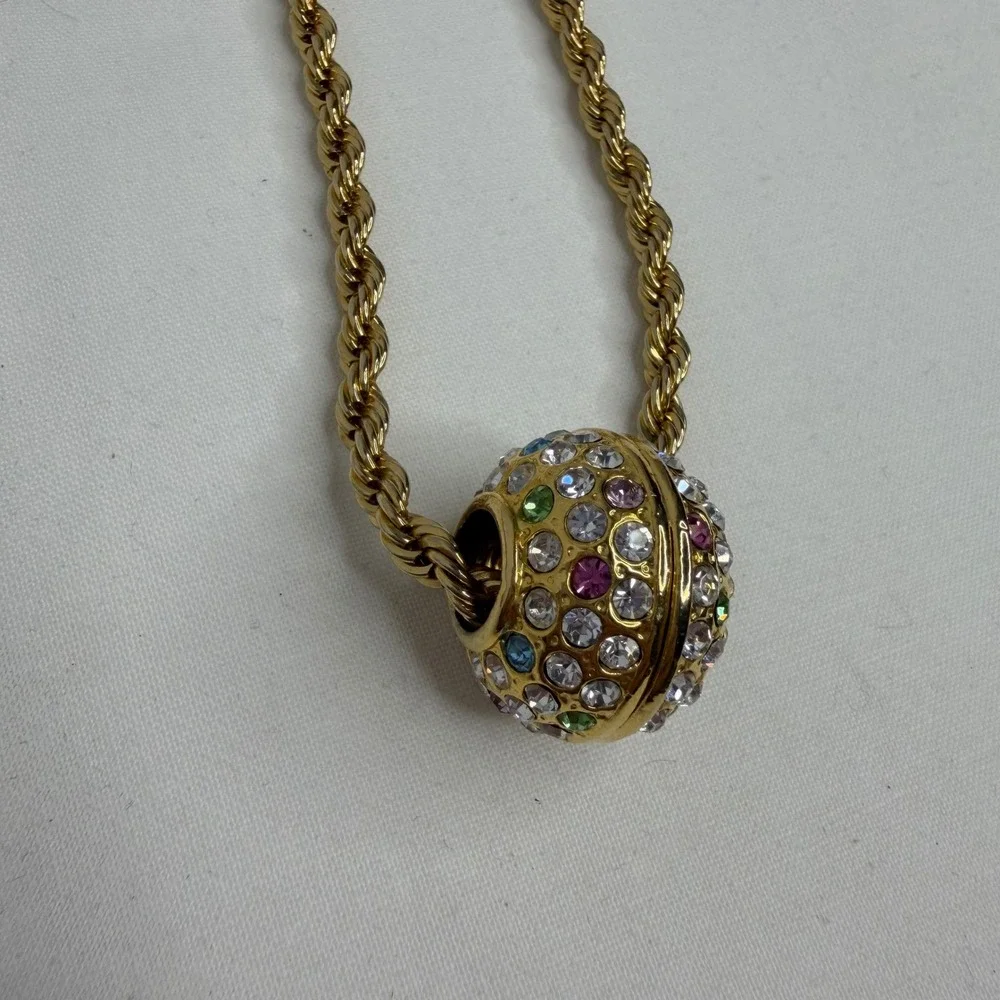 Gold Tone Rope Chain Multicolor Rhinestone Ball Slider Necklace Statement